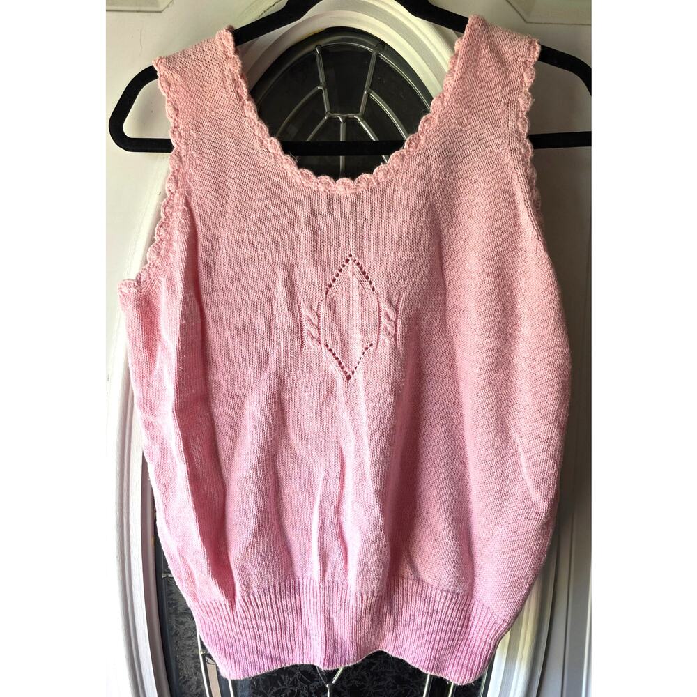 Vintage Hughes Pink Sweater Vest Medium Ramie Cotton Pointelle Cable Knit